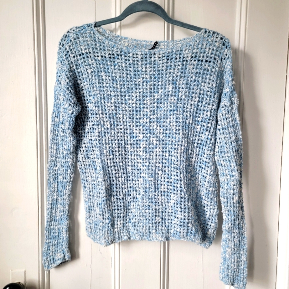 Theory Blue White Crochet Knit Long Sleeve Sweater